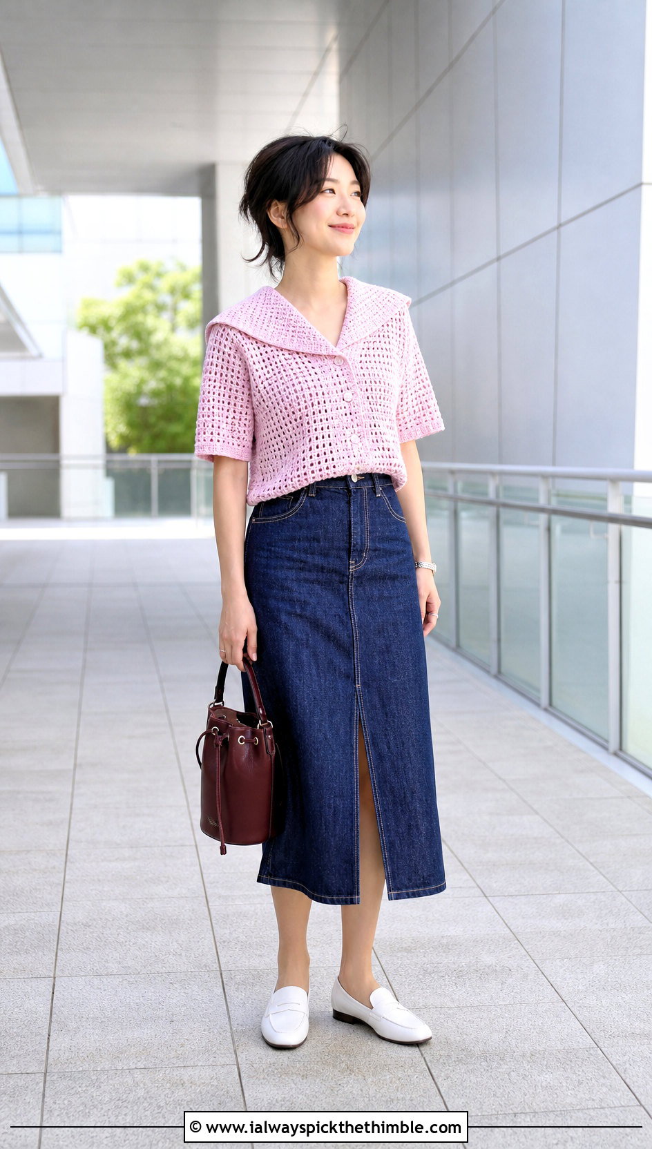 Crochet Sailor Collar Top With Denim Midi Skirt - 20 Crochet Top With Collar outfit ideas
