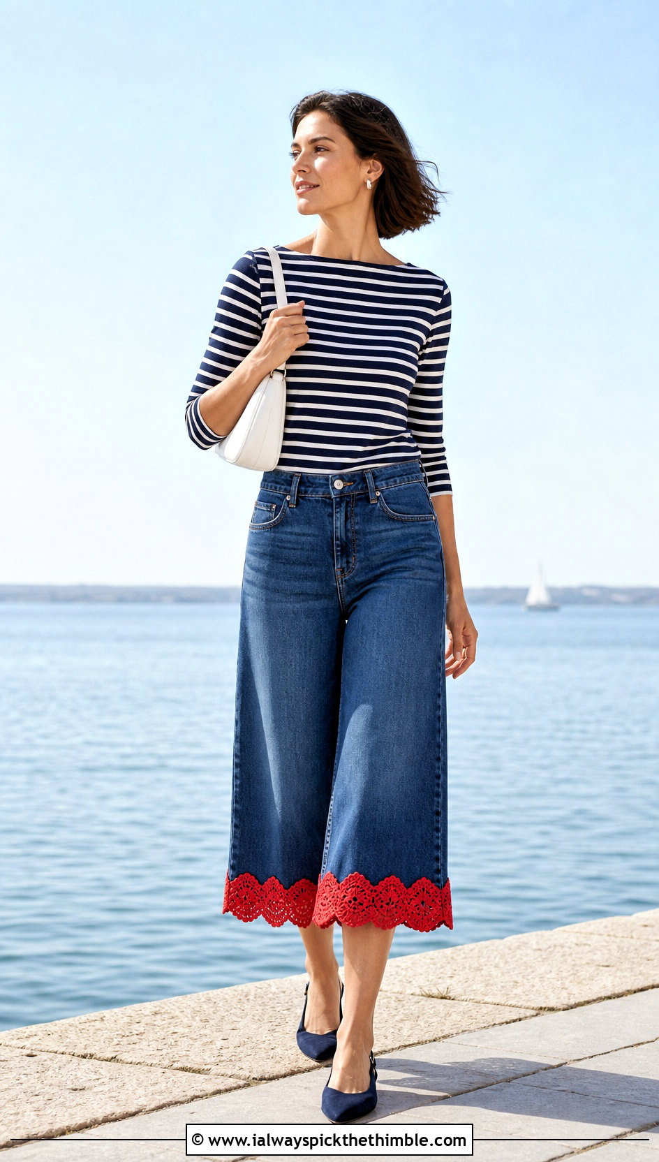 Crochet Scallop Trim Culotte Jeans With Striped Top - 20 crochet denim pants outfit ideas