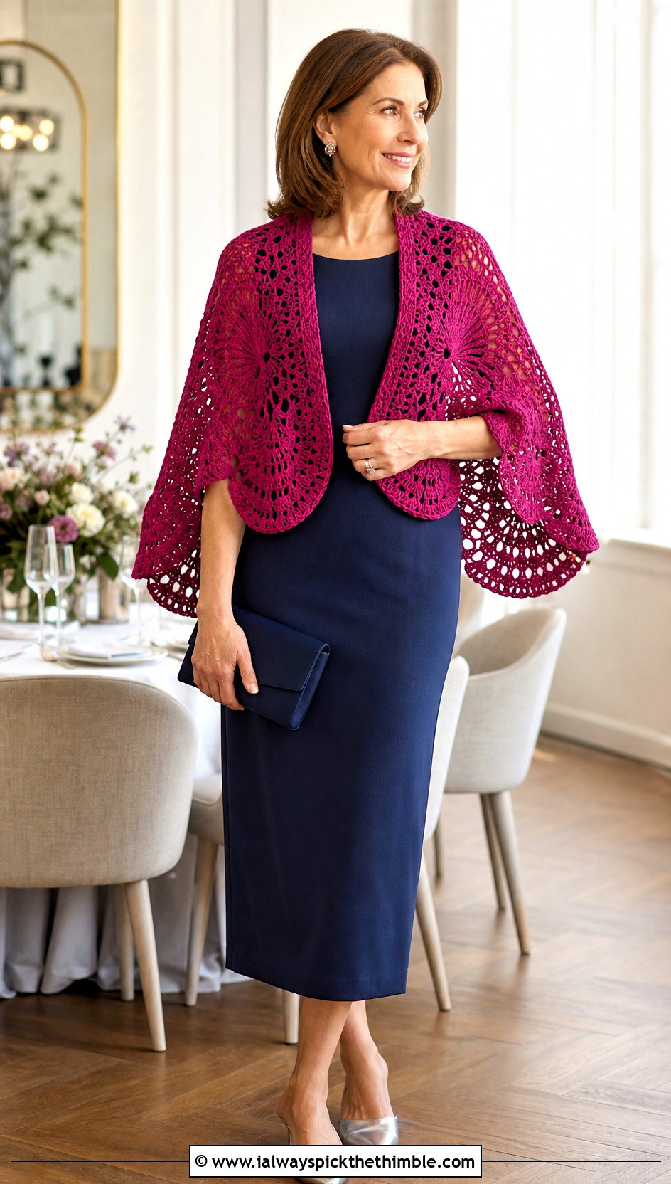 Crochet Scalloped Wing Shawl With Column Dress - 20 Crochet Wing Shawl outfit ideas