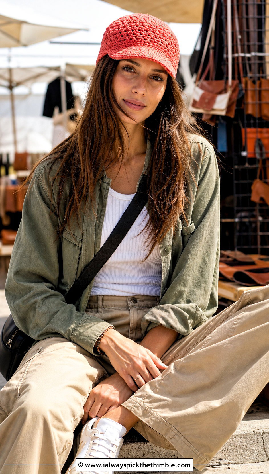 Crochet Scally Cap With Utility Jacket And Cargo Pants - 20 flat crochet hat outfit ideas