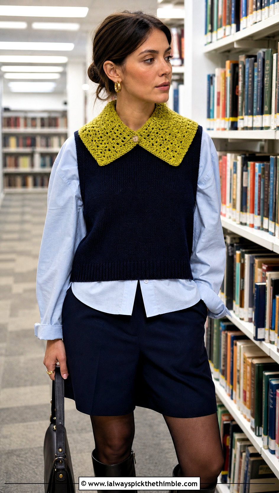 Crochet Scarflette With Sweater Vest - 15 unusual crochet scarf outfit ideas
