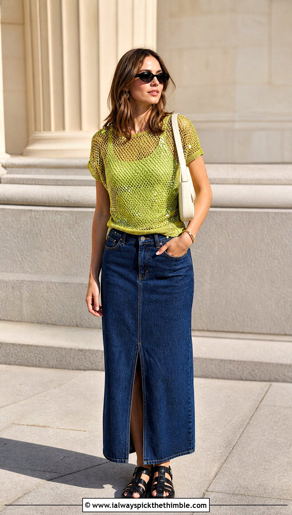 Crochet Sequin Mesh Top With Denim Maxi Skirt - 25 crochet sequin top outfit ideas