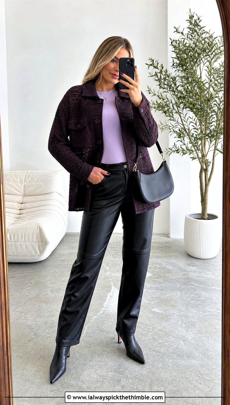 Crochet Shacket Coat With Faux Leather Pants - 25 crochet coats outfit ideas