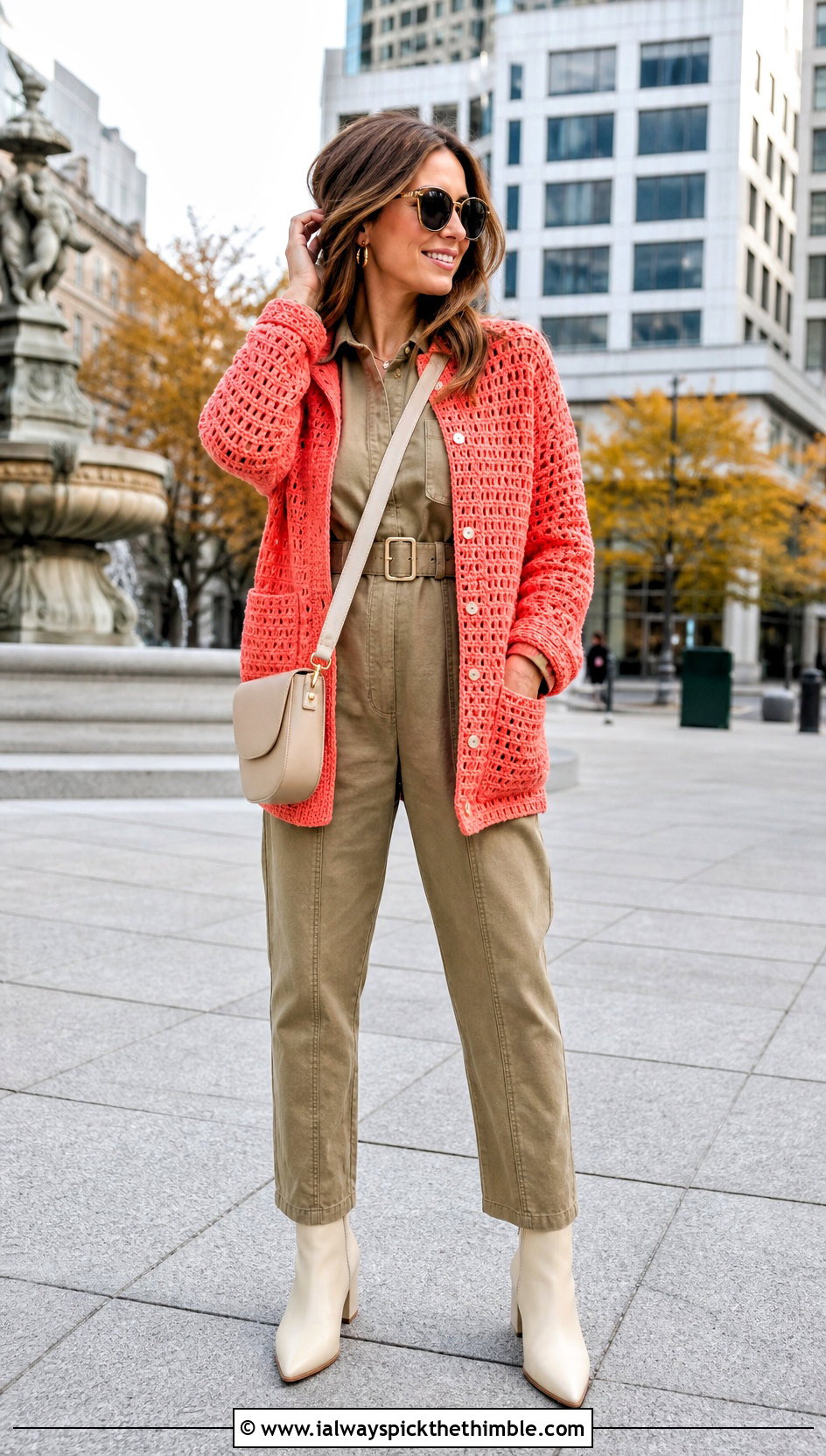 Crochet Shacket With Utility Jumpsuit - 20 crochet jacket for women outfit ideas