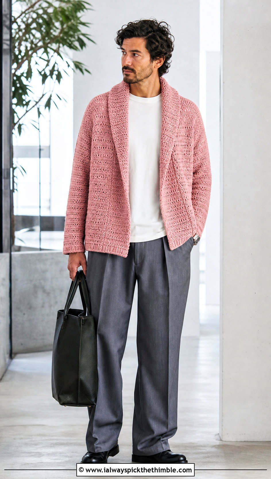 Crochet Shawl Cardigan With Wide Leg Trousers - 15 men crochet clothes and outfit ideas