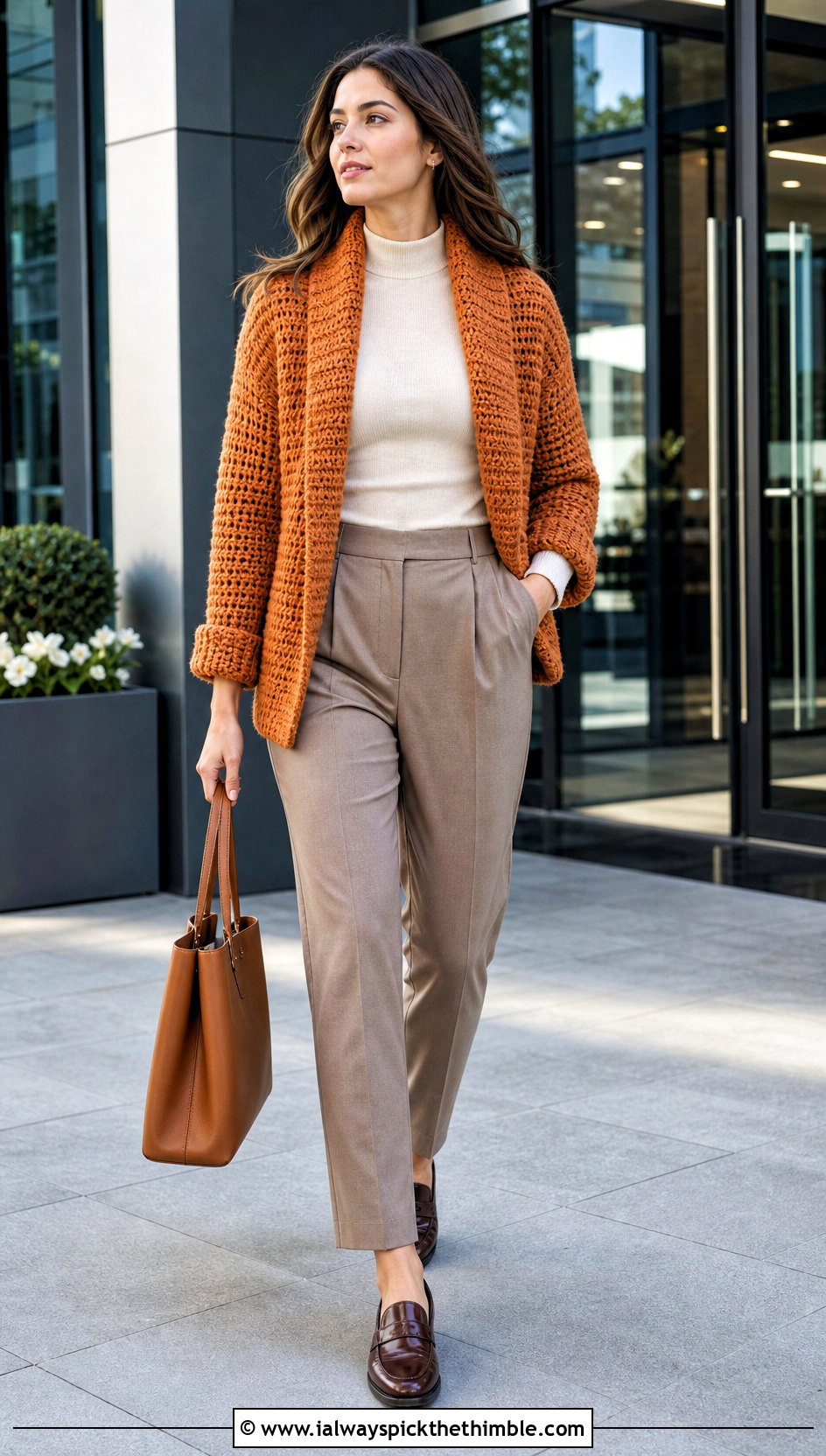Crochet Shawl Collar Blanket Sweater With Pleated Trousers - 20 crochet sweater blanket outfit ideas
