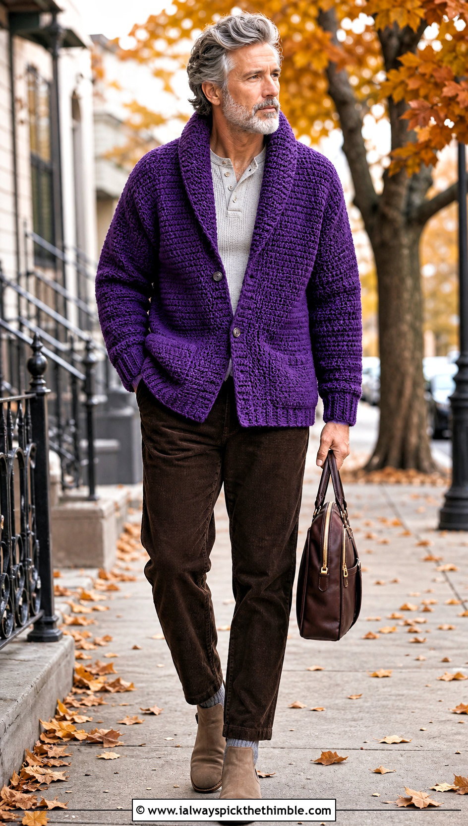 Crochet Shawl Collar Cardigan With Corduroy Pants - 20 Mens Crochet Outfit ideas
