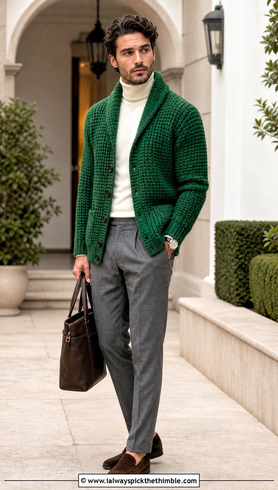 Crochet Shawl Collar Cardigan With Flannel Trousers - 25 crochet clothes for men outfit ideas
