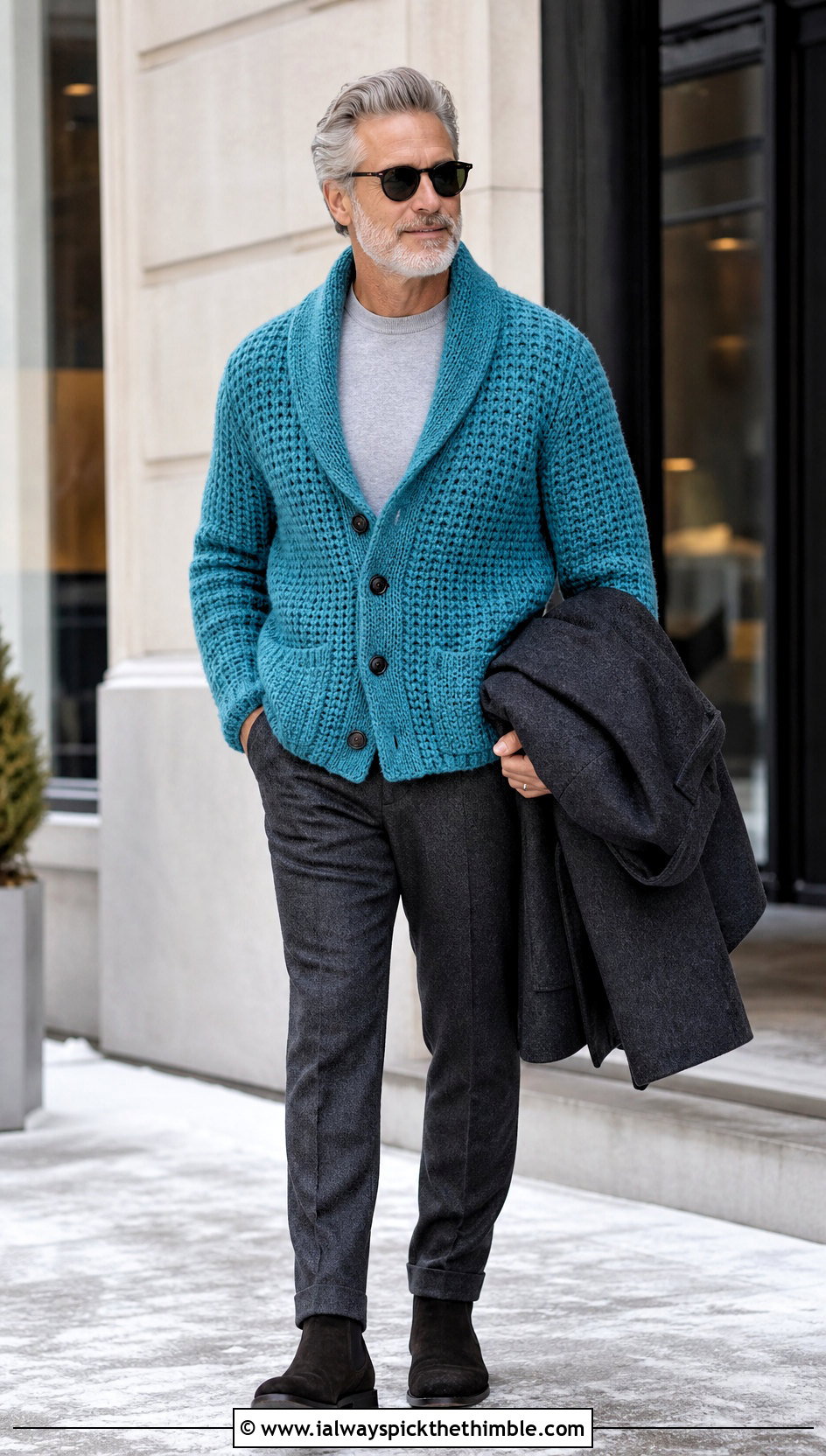 Crochet Shawl Collar Cardigan With Flannel Trousers - 15 Crochet Mens Sweaters outfit ideas