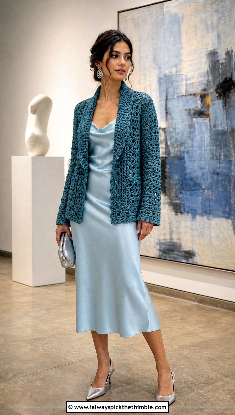 Crochet Shawl Collar Jacket With Satin Slip Dress - 20 Crochet Jacket With Collar outfit ideas