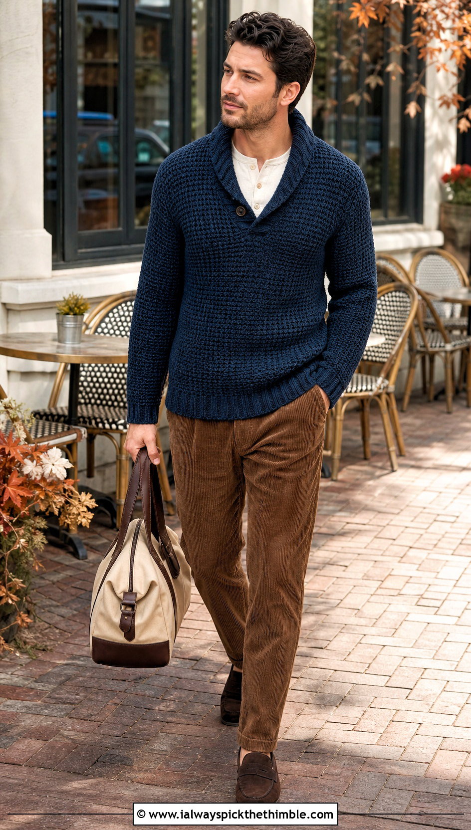 Crochet Shawl Collar Sweater With Corduroy Trousers - 25 men's crochet sweater ideas