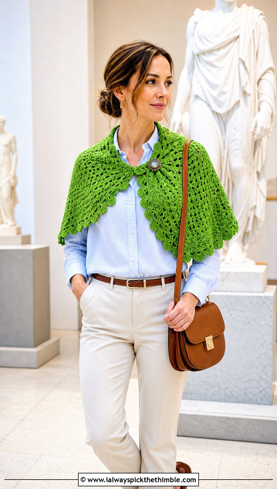 Crochet Shawlette With Button Down Shirt And Chinos - 20 Crochet Shoulder Shawl outfit ideas