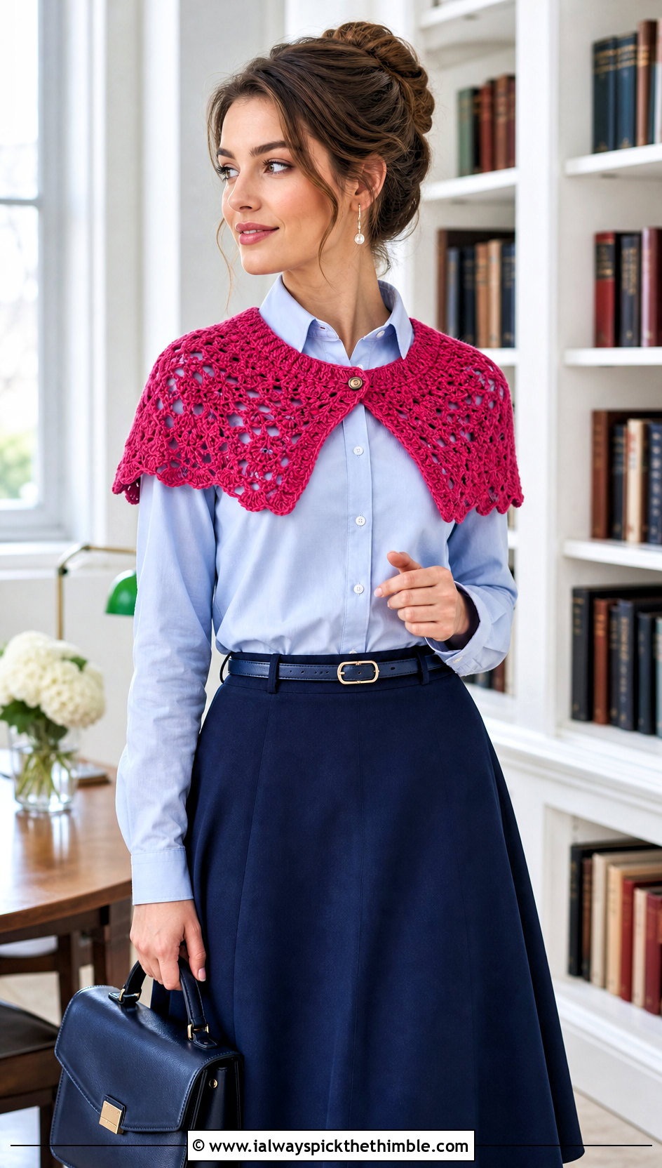 Crochet Shawlette With Button Down Shirt And Midi Skirt - 20 crochet shawl wrap outfit ideas
