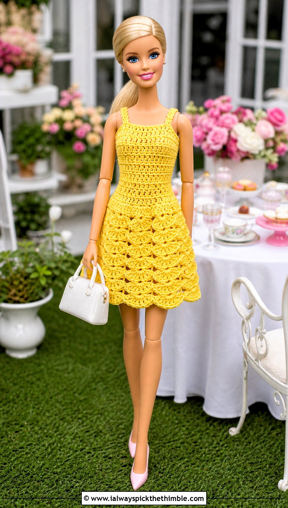 Crochet Shell Stitch Sundress With Pumps - 20 easy crochet barbie doll clothes and outfit ideas