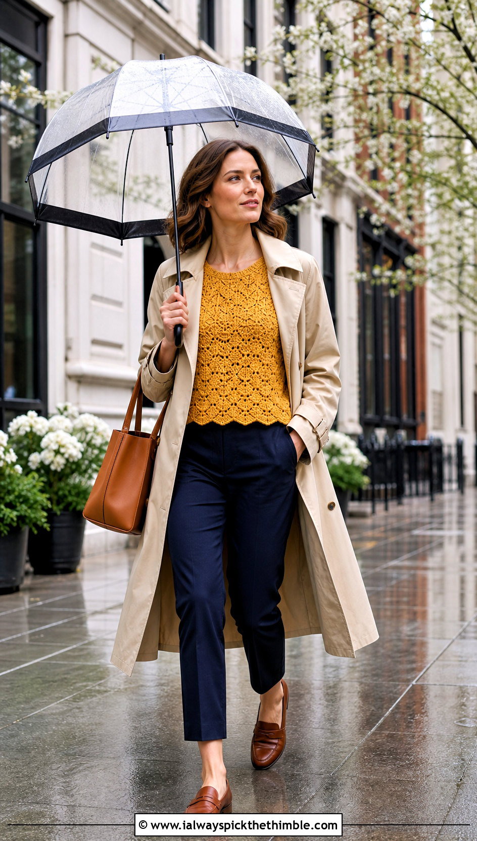 Crochet Shell Top With Trench Coat - 20 Crochet Spring Top outfit ideas