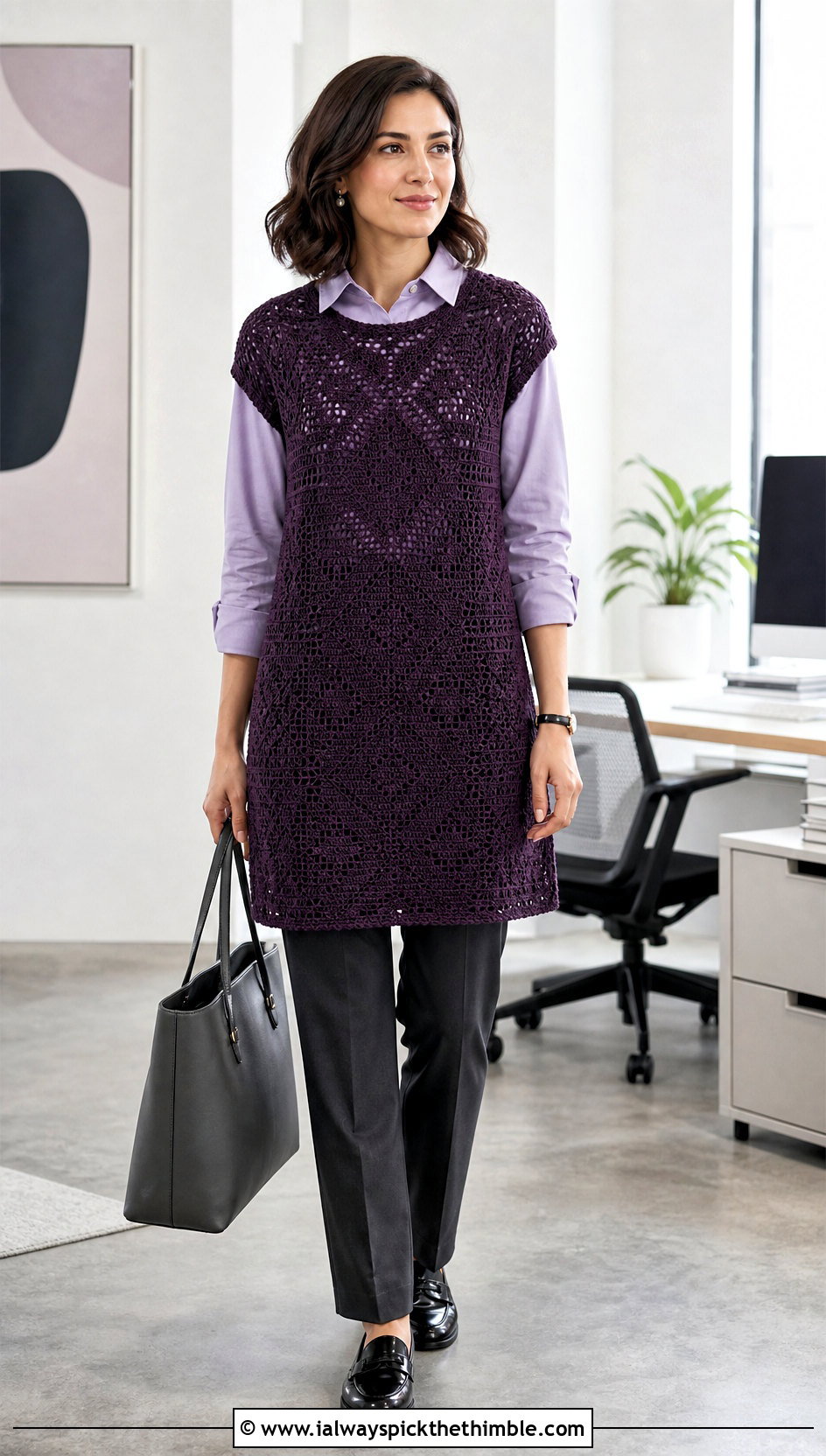 Crochet Shift Dress With Collared Shirt And Trousers - 20 modest crochet dress outfit ideas