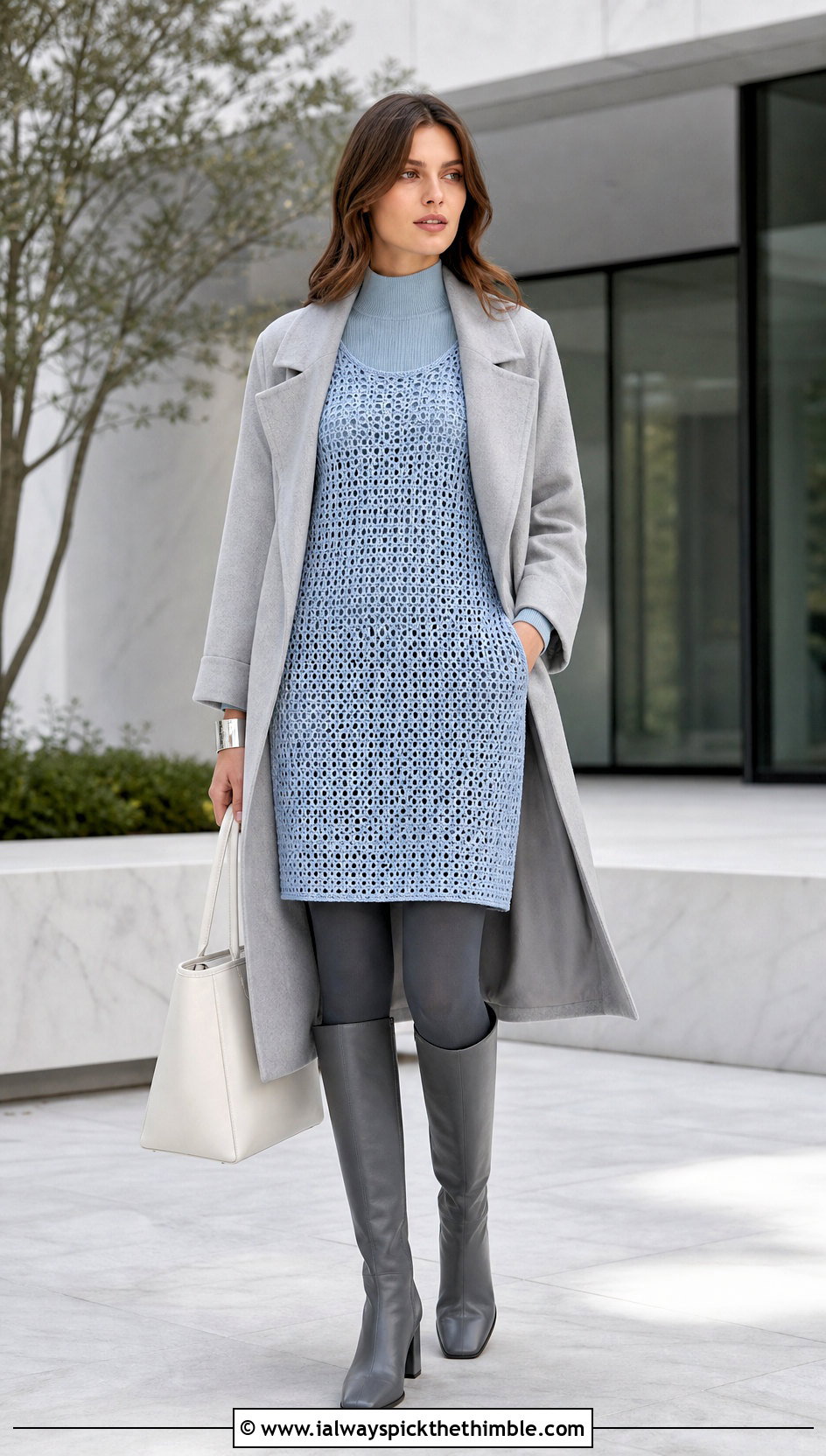 Crochet Shift Dress With Minimalist Wrap Coat - 20 crochet dress for winter outfit ideas