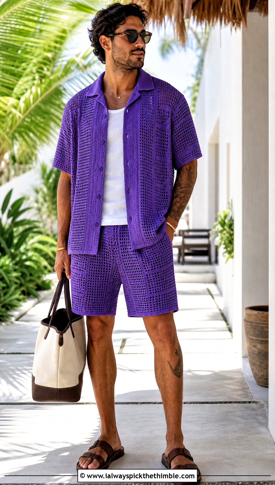 Crochet Shirt And Shorts Set With Leather Sandals - 25 crochet outfits for men outfit ideas