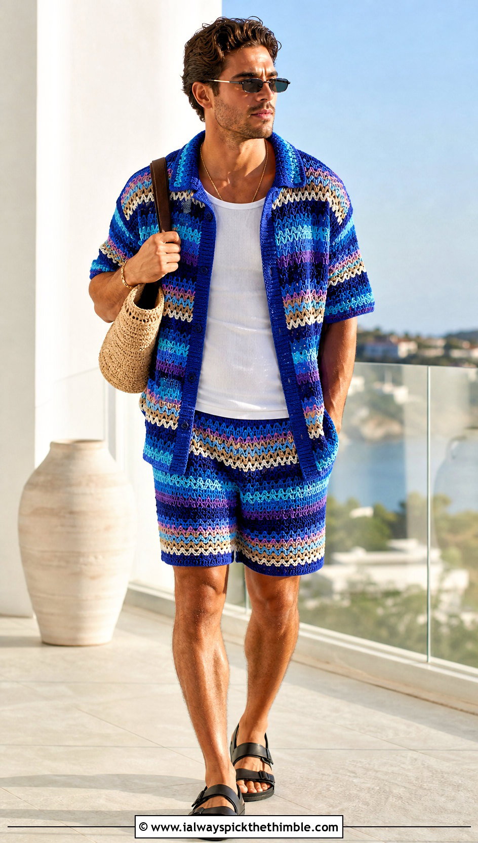 Crochet Shirt And Shorts Set With Leather Sandals - 20 crochet men's clothes and outfit ideas