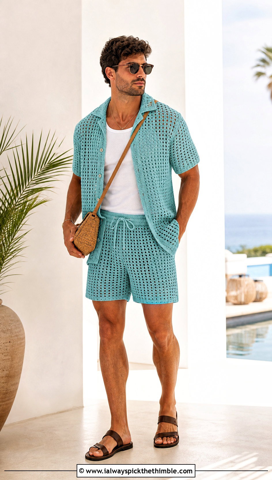 Crochet Shirt And Shorts Set With Sandals - 15 men crochet clothes and outfit ideas