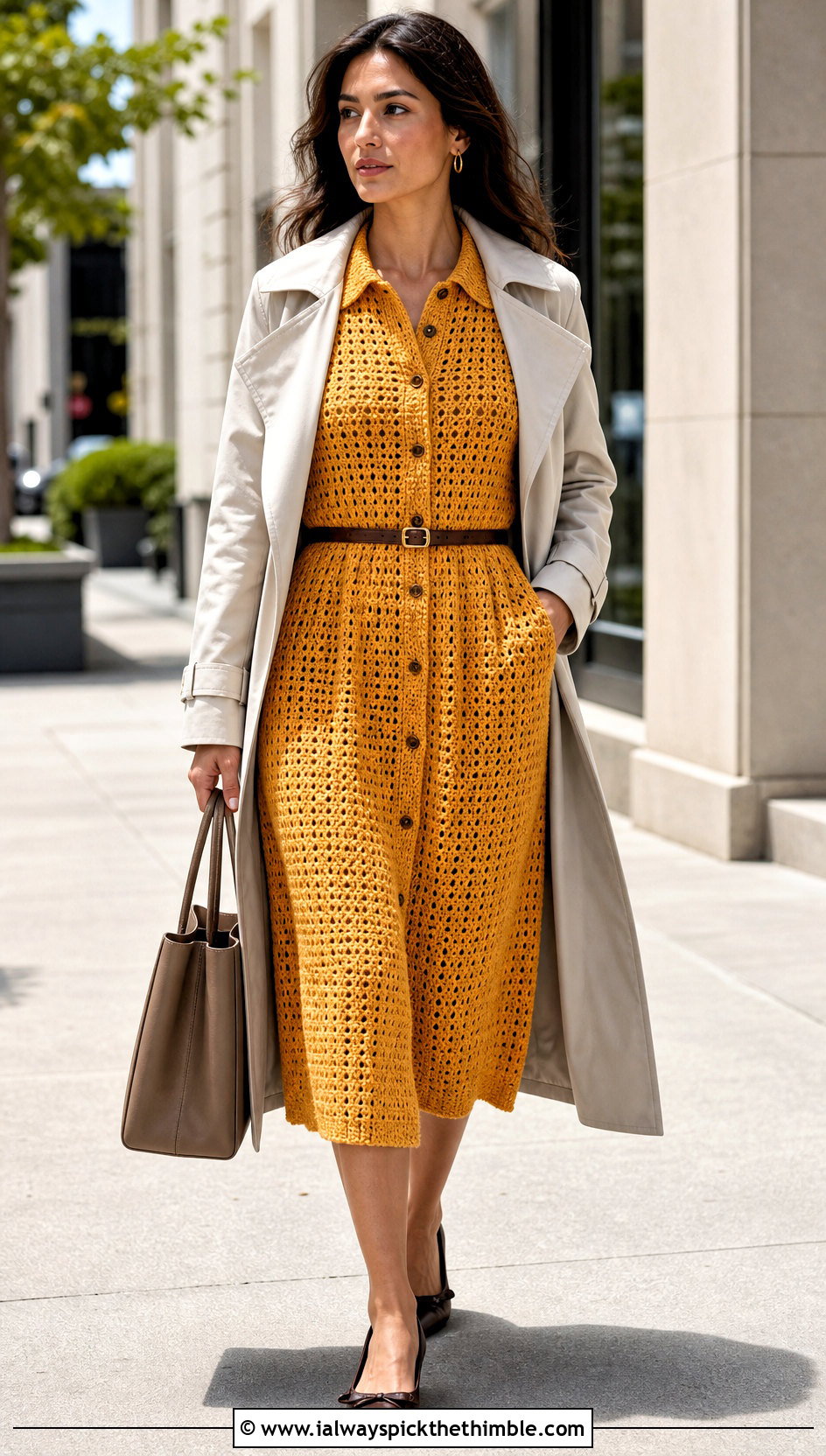 Crochet Shirt Dress With Trench Coat - 15 crocheted dresses for women outfit ideas