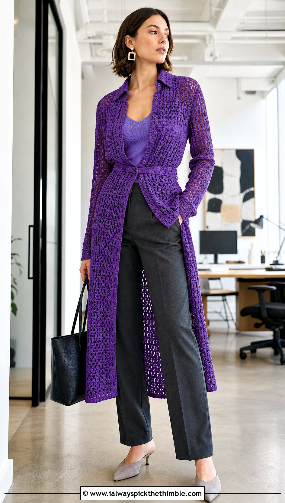 Crochet Shirt Dress With Trousers And Mules - 25 Crocheting Dress outfit ideas