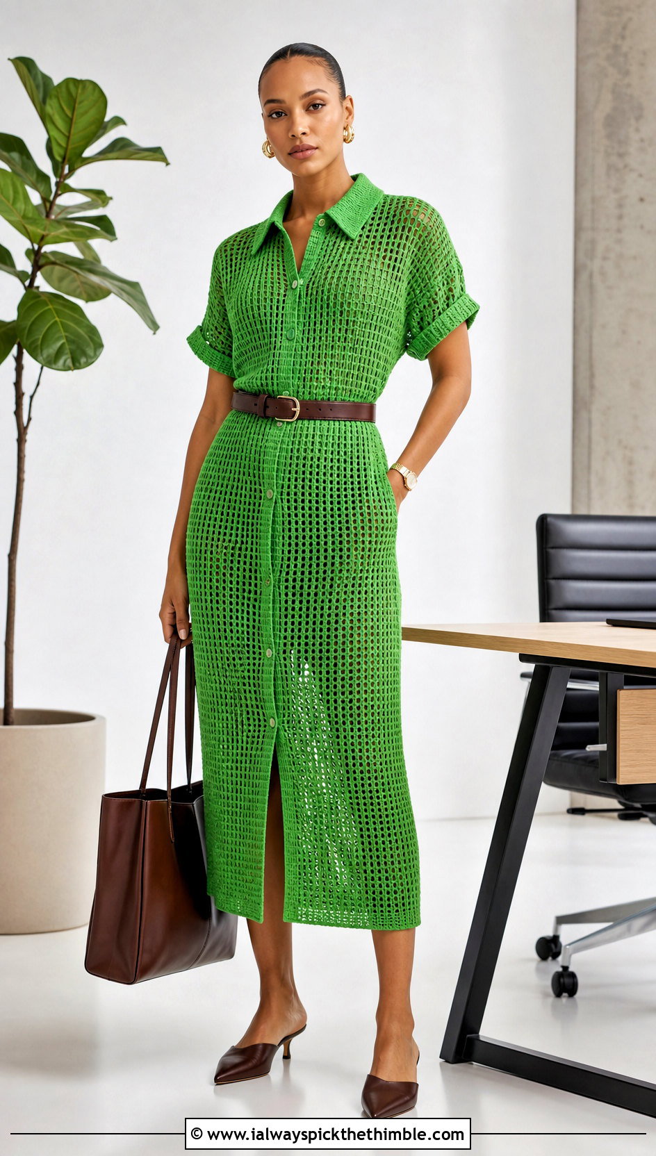 Crochet Shirt Dress With Wide Leather Belt - 20 fancy crochet dress outfit ideas