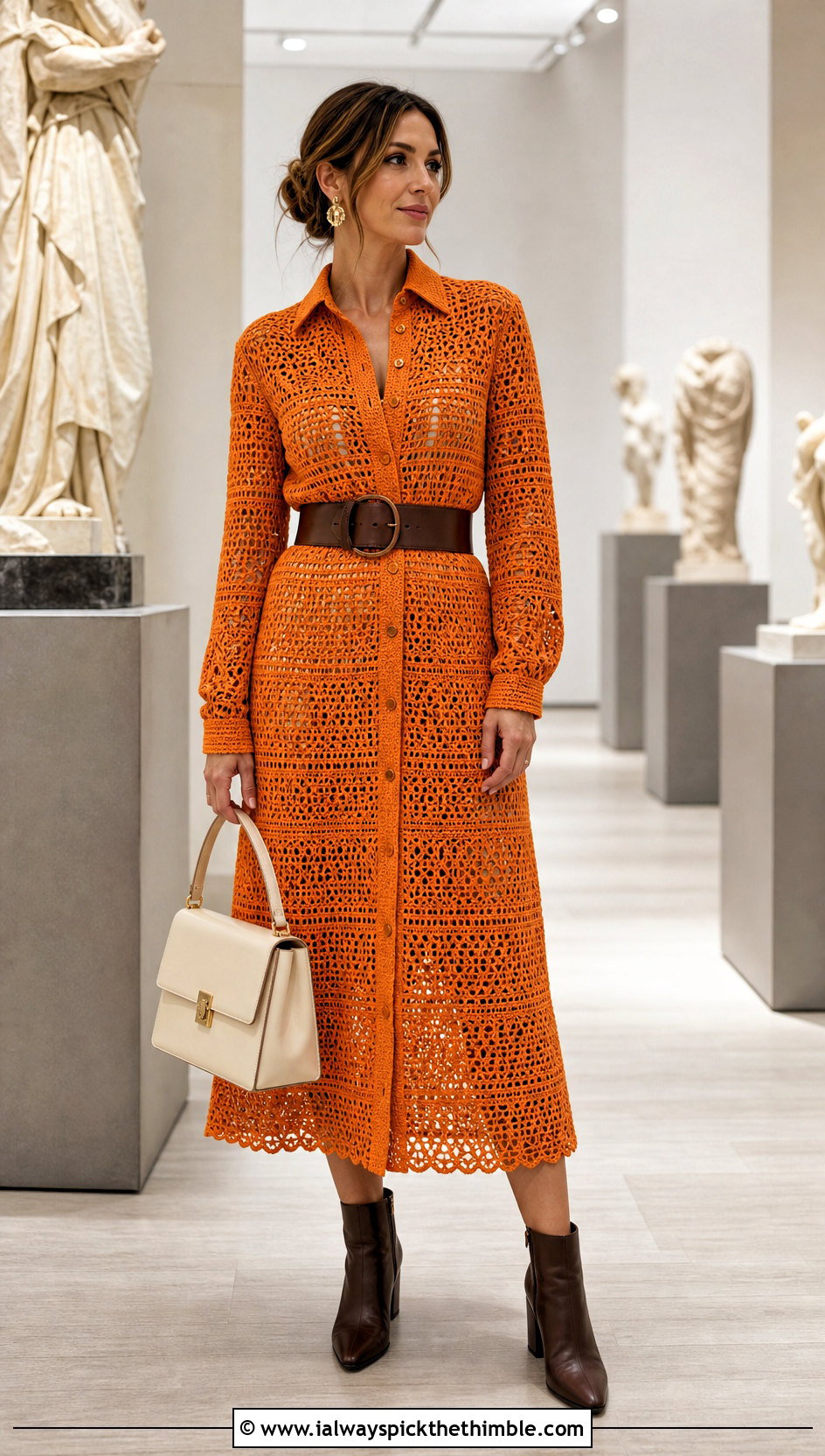 Crochet Shirt Dress With Wide Leather Belt - 20 crochet for dresses outfit ideas