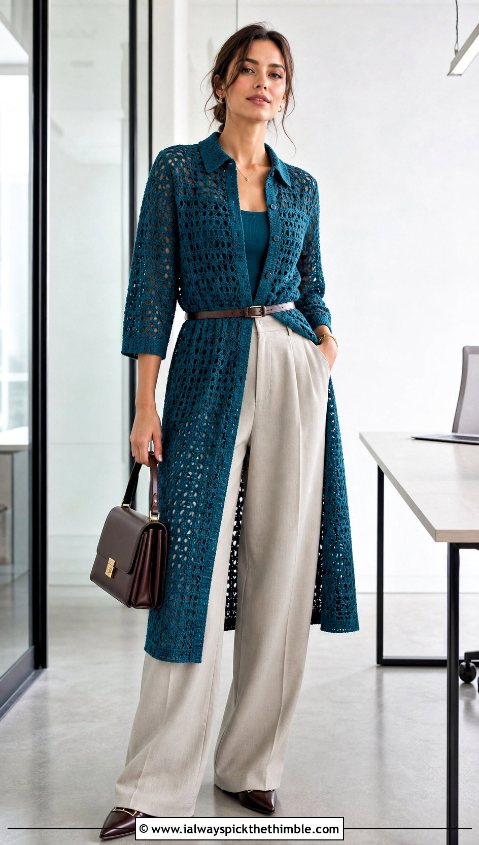 Crochet Shirt Dress With Wide Leg Trousers - 20 modest crochet dress outfit ideas