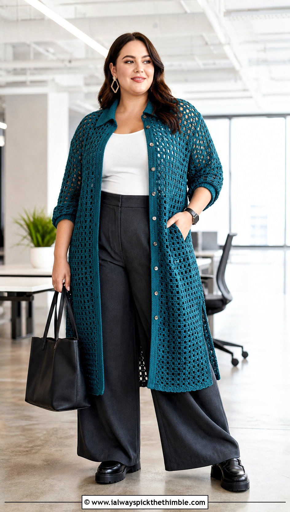 Crochet Shirt Dress With Wide Leg Trousers - 15 plus size crochet dress outfit ideas