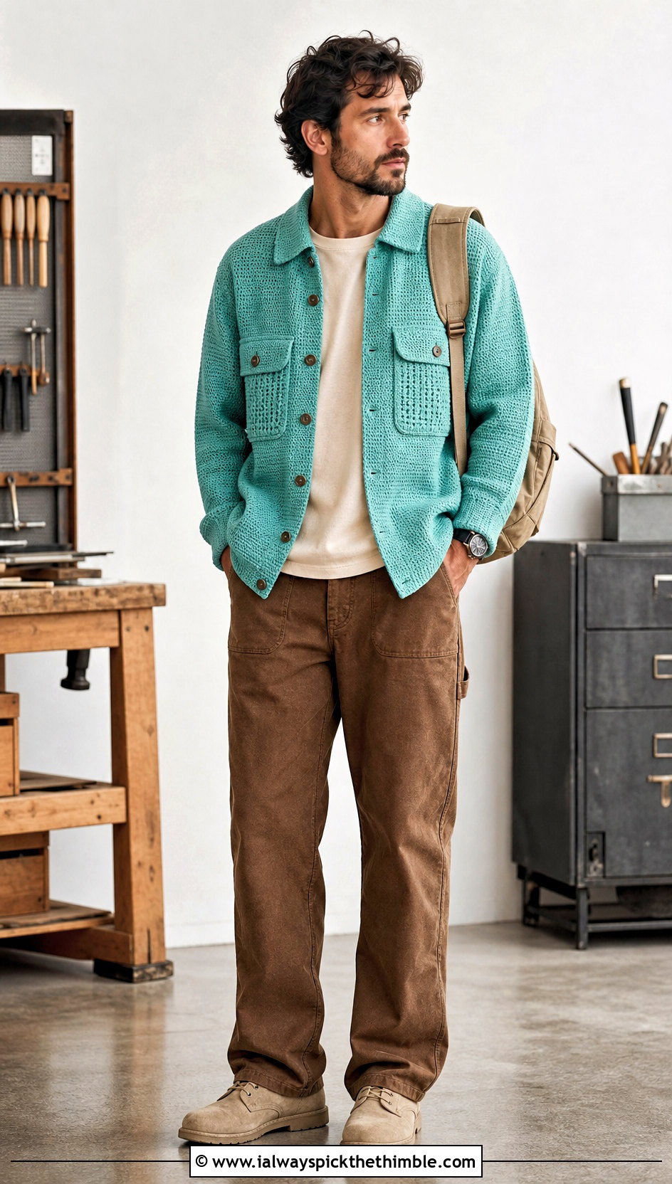 Crochet Shirt Jacket With Carpenter Pants - 20 crochet men's clothes and outfit ideas