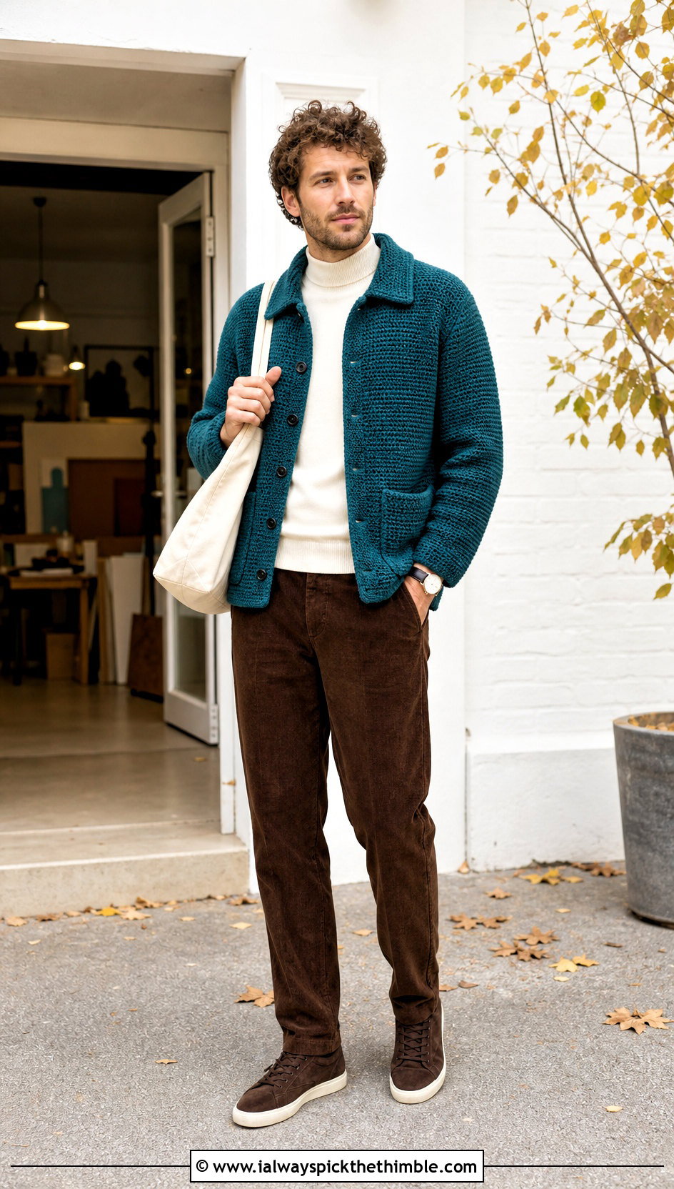 Crochet Shirt Jacket With Corduroy Pants - 25 crochet jacket for men outfit ideas