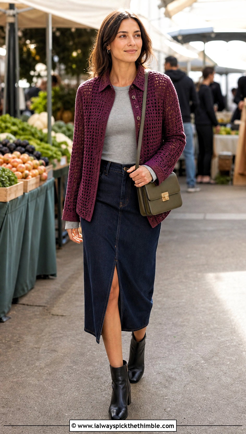 Crochet Shirt Jacket With Denim Midi Skirt - 25 autumn crochet clothes and outfit ideas