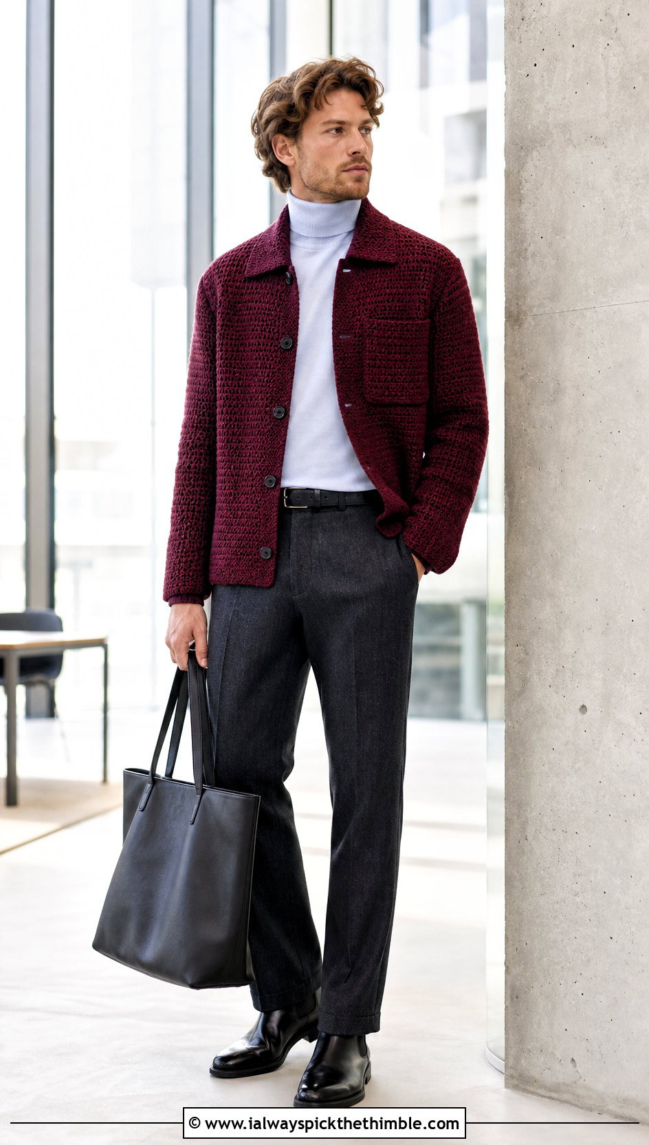 Crochet Shirt Jacket With Turtleneck And Wool Pants - 25 mens crochet shirt outfit ideas