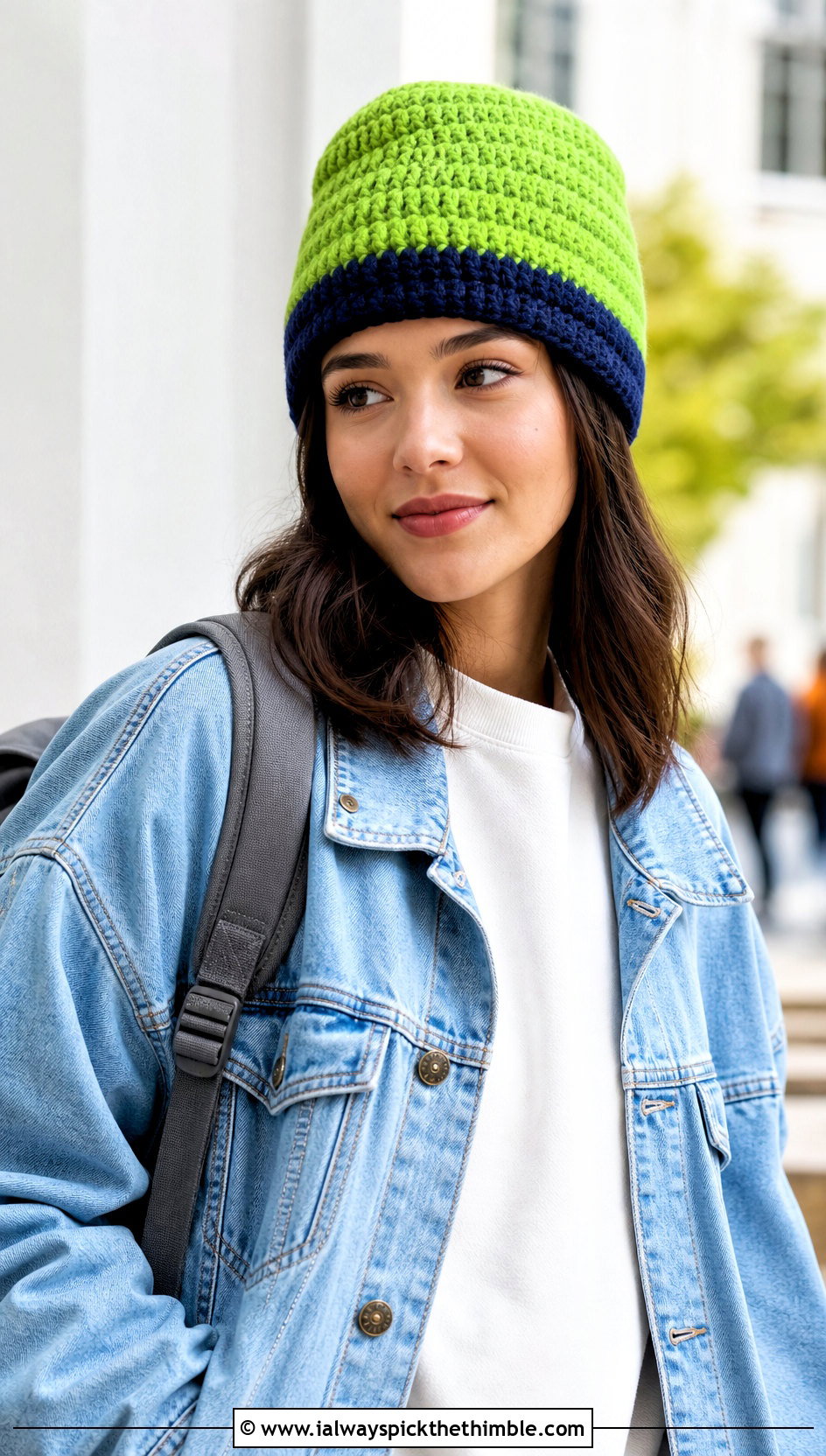 Crochet Short Row Color Block Beanie With Denim Jacket - 20 Crochet Short Rows Hat outfit ideas