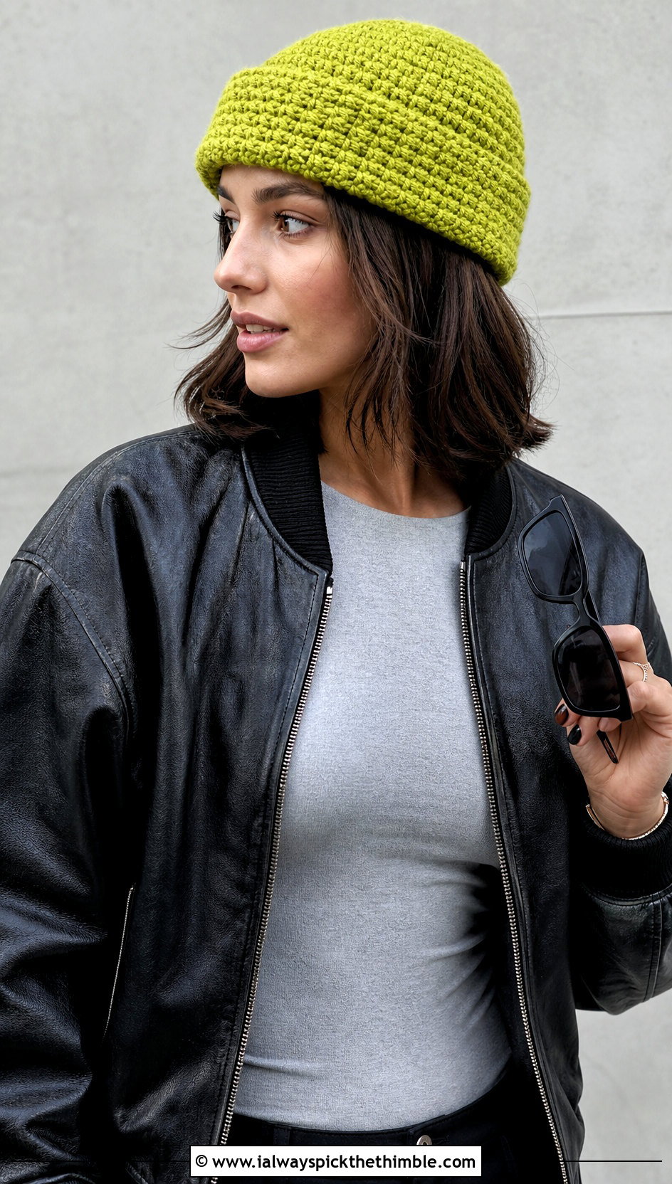 Crochet Short Row Fisherman Beanie With Leather Jacket - 20 Crochet Short Rows Hat outfit ideas