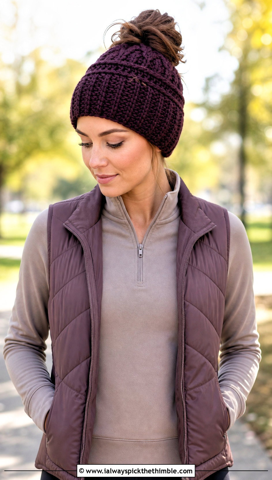 Crochet Short Row Messy Bun Beanie With Activewear - 20 Crochet Short Rows Hat outfit ideas