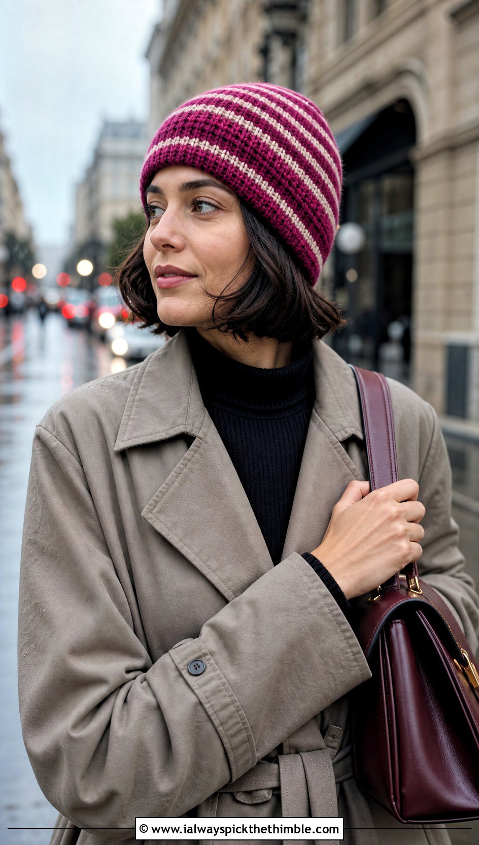 Crochet Short Row Striped Beanie With Trench Coat - 20 Crochet Short Rows Hat outfit ideas