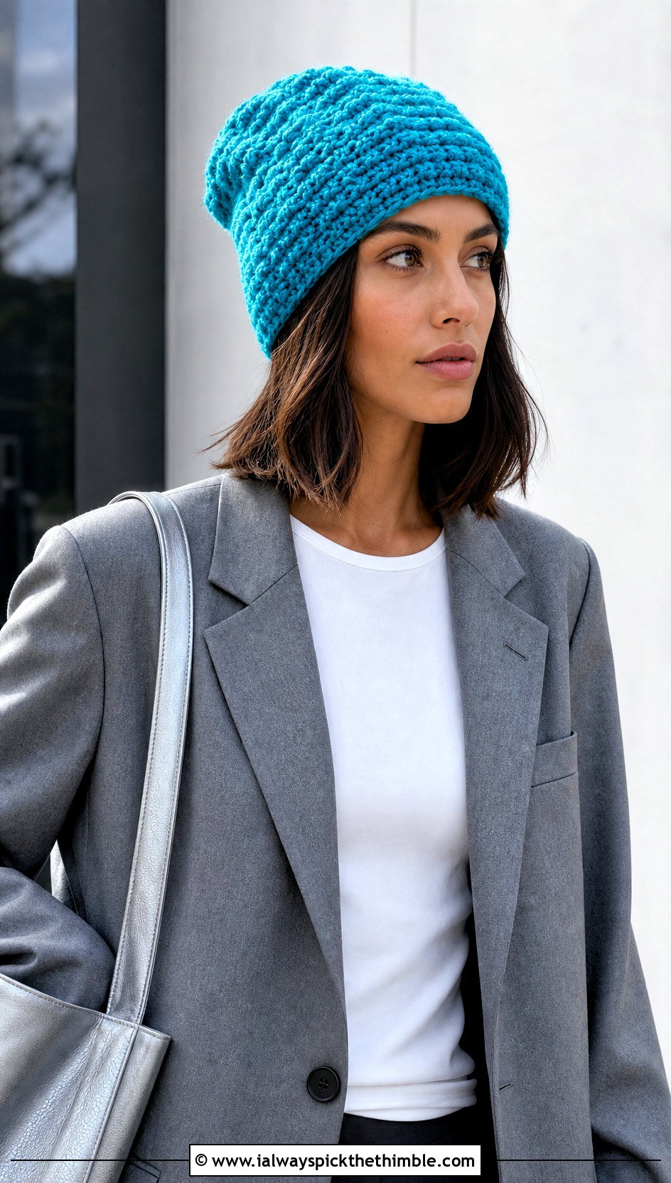 Crochet Short Row Textured Beanie With Monochrome Suit - 20 Crochet Short Rows Hat outfit ideas