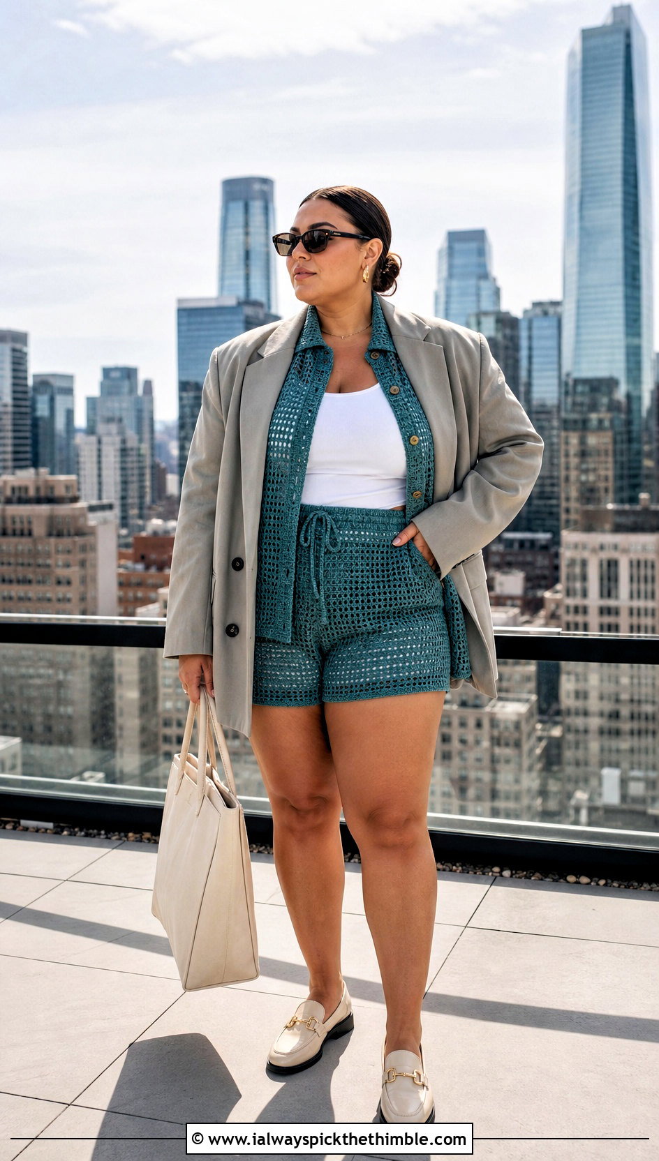 Crochet Shorts Set With Oversized Blazer - 15 Crochet Photo Shoot Outfits ideas