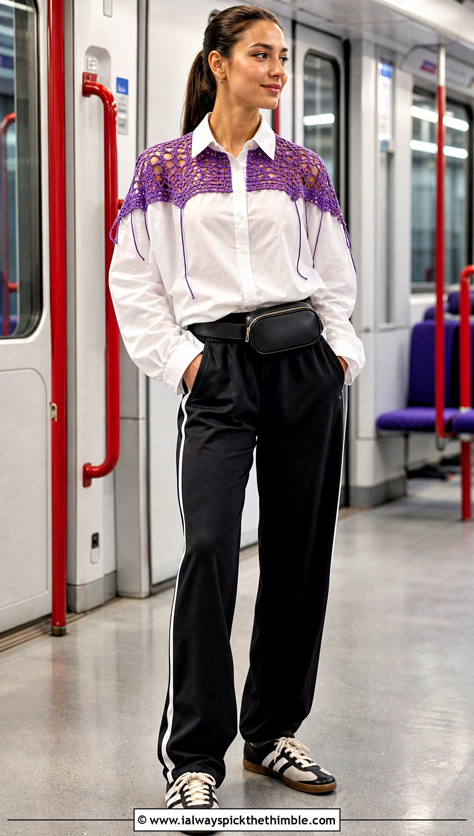 Crochet Shoulder Panel Upcycled Shirt With Track Pants - 20 Upcycle Shirt With Crochet outfit ideas