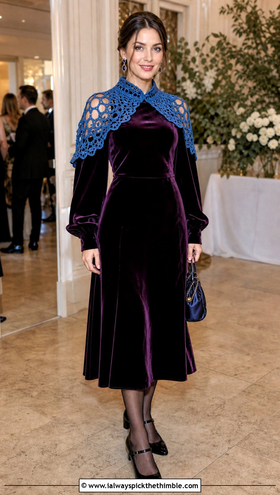 Crochet Shoulder Panel Velvet Dress With Mary Jane Heels - 20 fabric and crochet dress outfit ideas