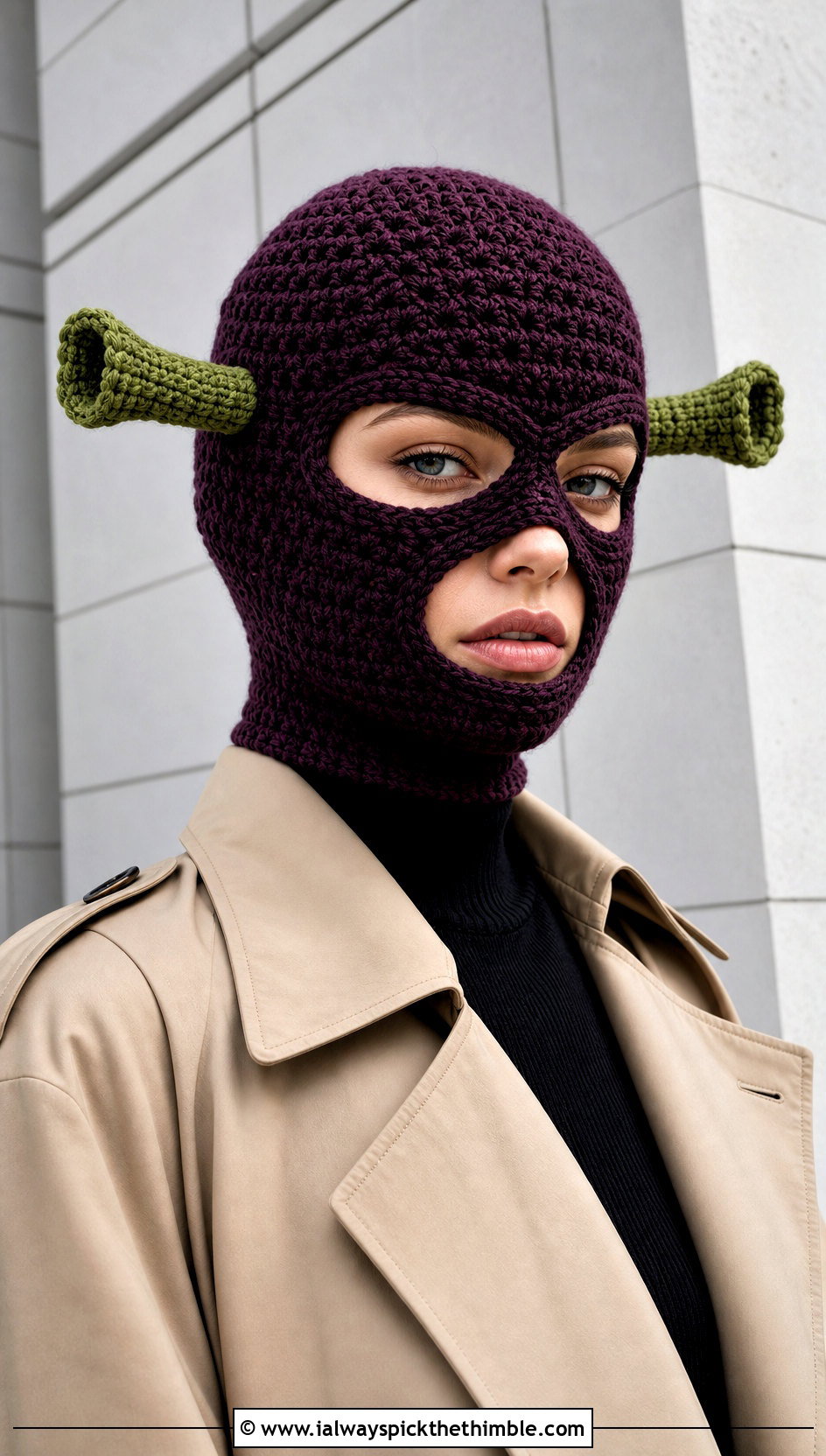 Crochet Shrek Balaclava With Trench Coat - 25 crochet shrek hat outfit ideas