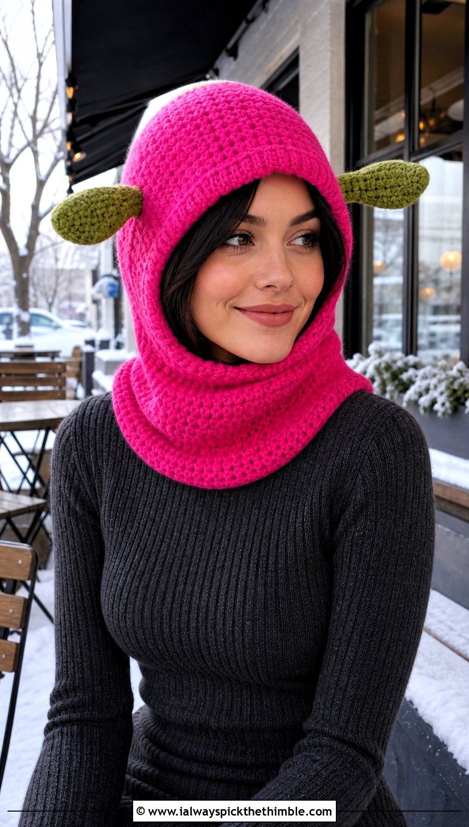 Crochet Shrek Cowl Hat With Sweater Dress - 25 crochet shrek hat outfit ideas