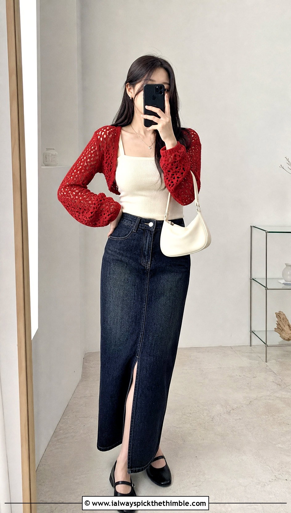 Crochet Shrug Top With Denim Maxi Skirt - 20 korean crochet outfits ideas