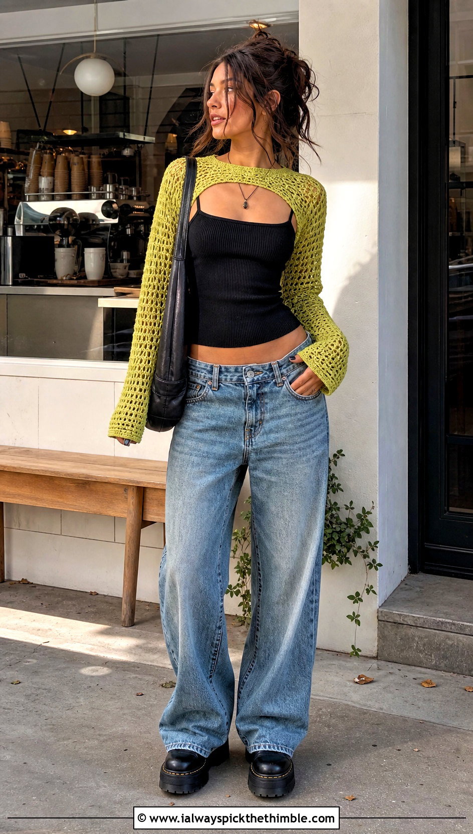 Crochet Shrug Top With Tank And Low Rise Jeans - 25 grunge crochet top outfit ideas