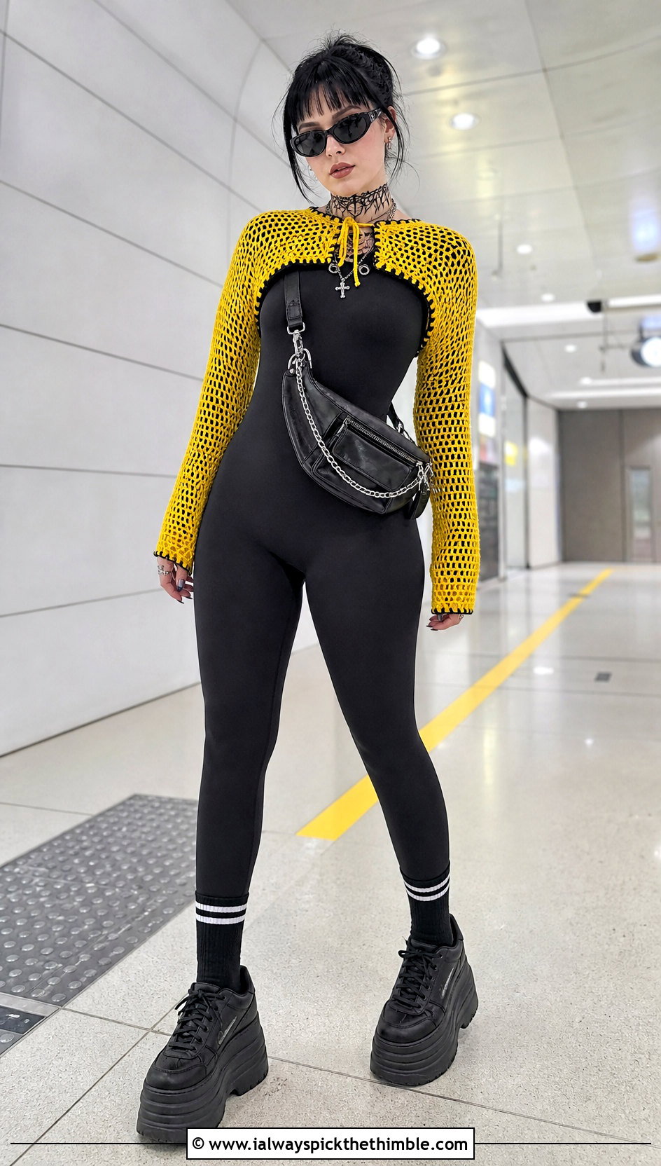 Crochet Shrug With Black Athleisure Set - 15 goth crochet clothing and outfit ideas