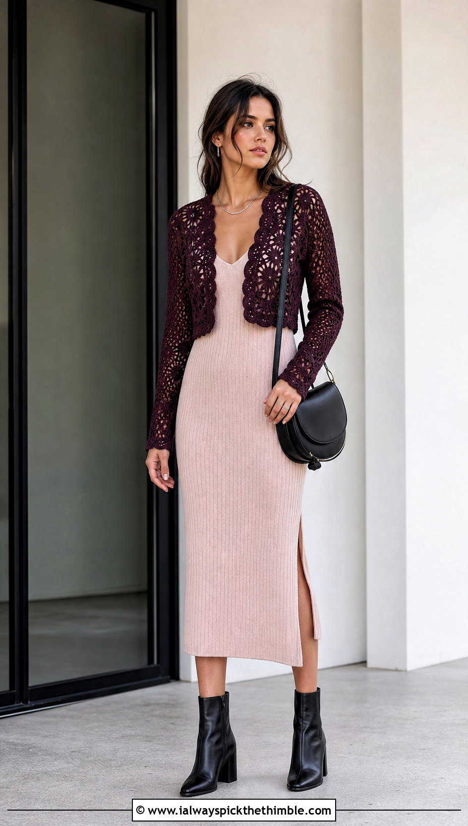 Crochet Shrug With Ribbed Midi Dress - 25 crochet garments outfit ideas