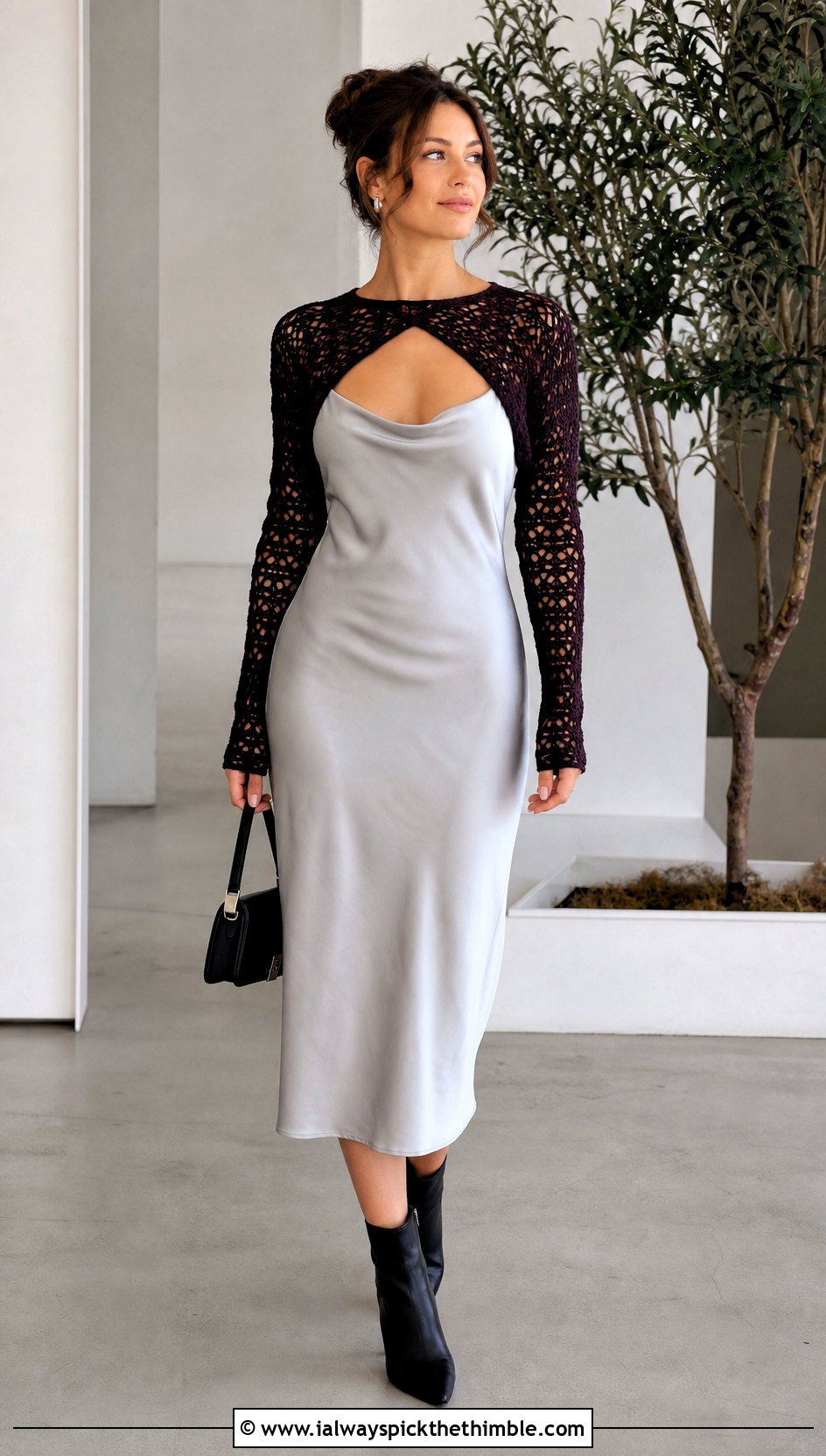 Crochet Shrug With Slip Dress And Ankle Boots - 20 easy clothes to crochet outfit ideas