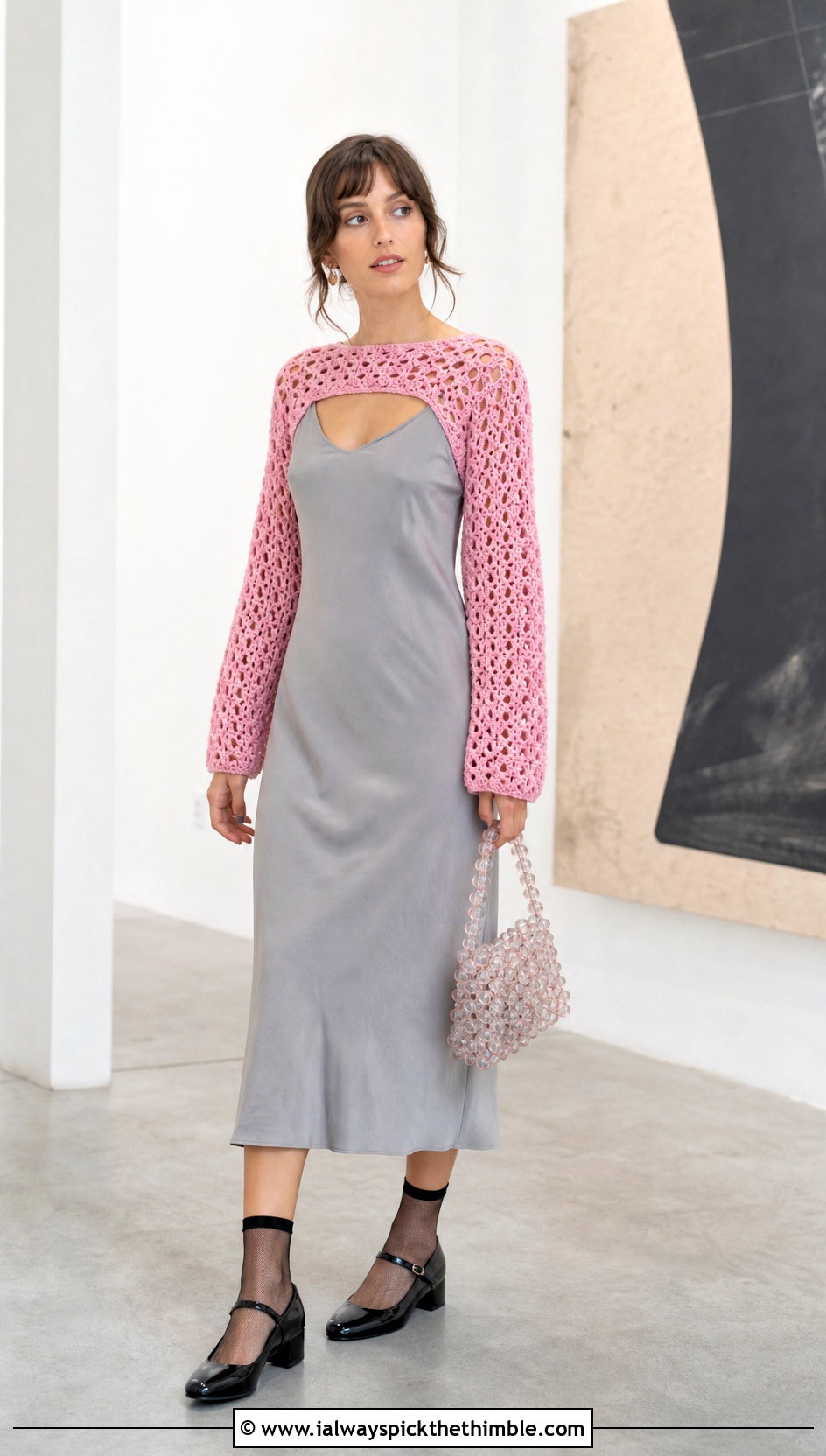 Crochet Shrug With Slip Dress And Mary Janes - 20 K Pop Crochet Clothes and outfit ideas